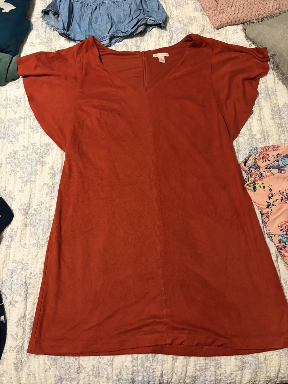 Women's V-Neck Flutter Sleeve Dress- Rust